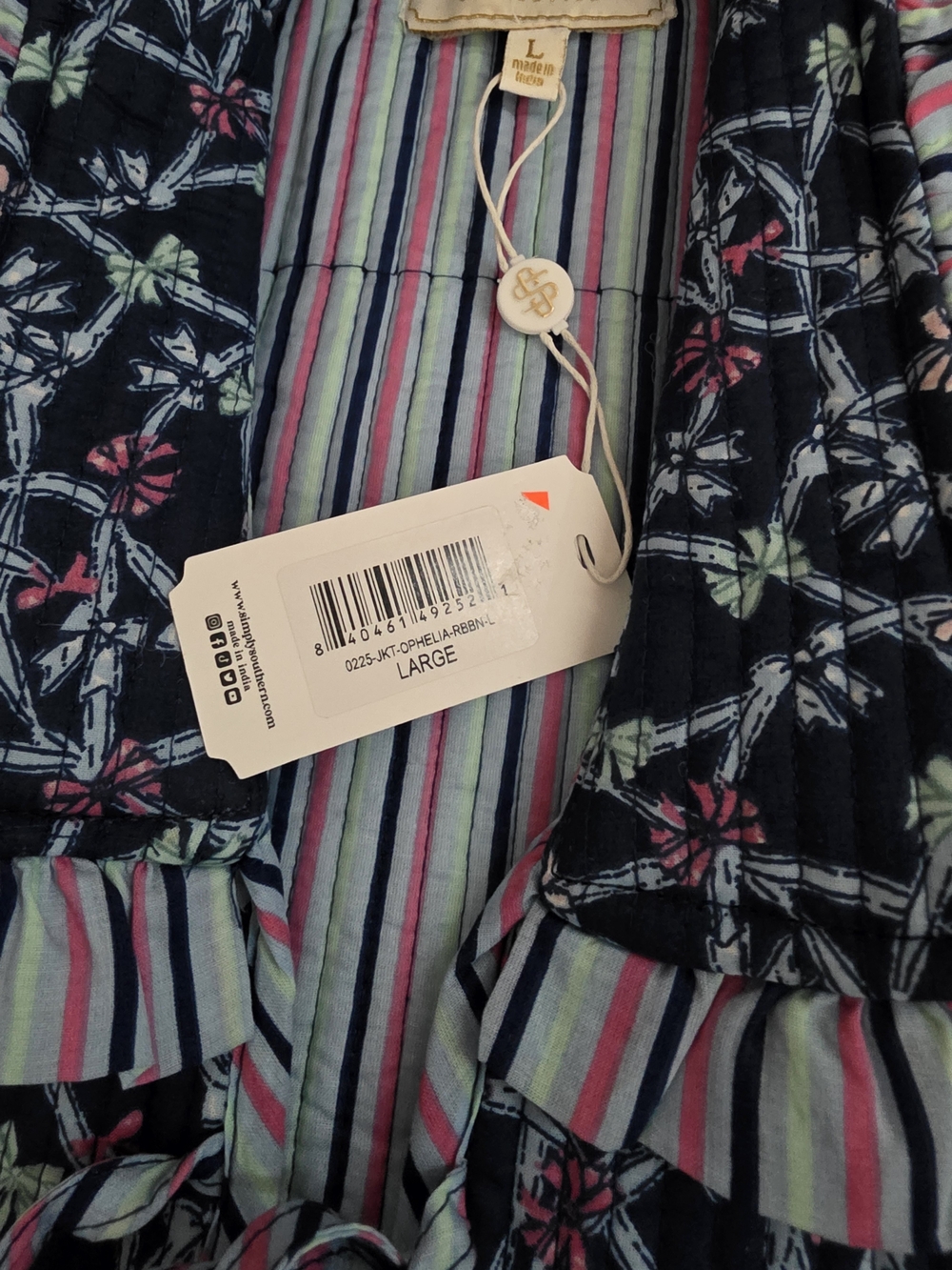 Simply Southern Navy Floral Quilted Button-Down with Striped Ruffle TIE FRONT - Picture 3 of 10